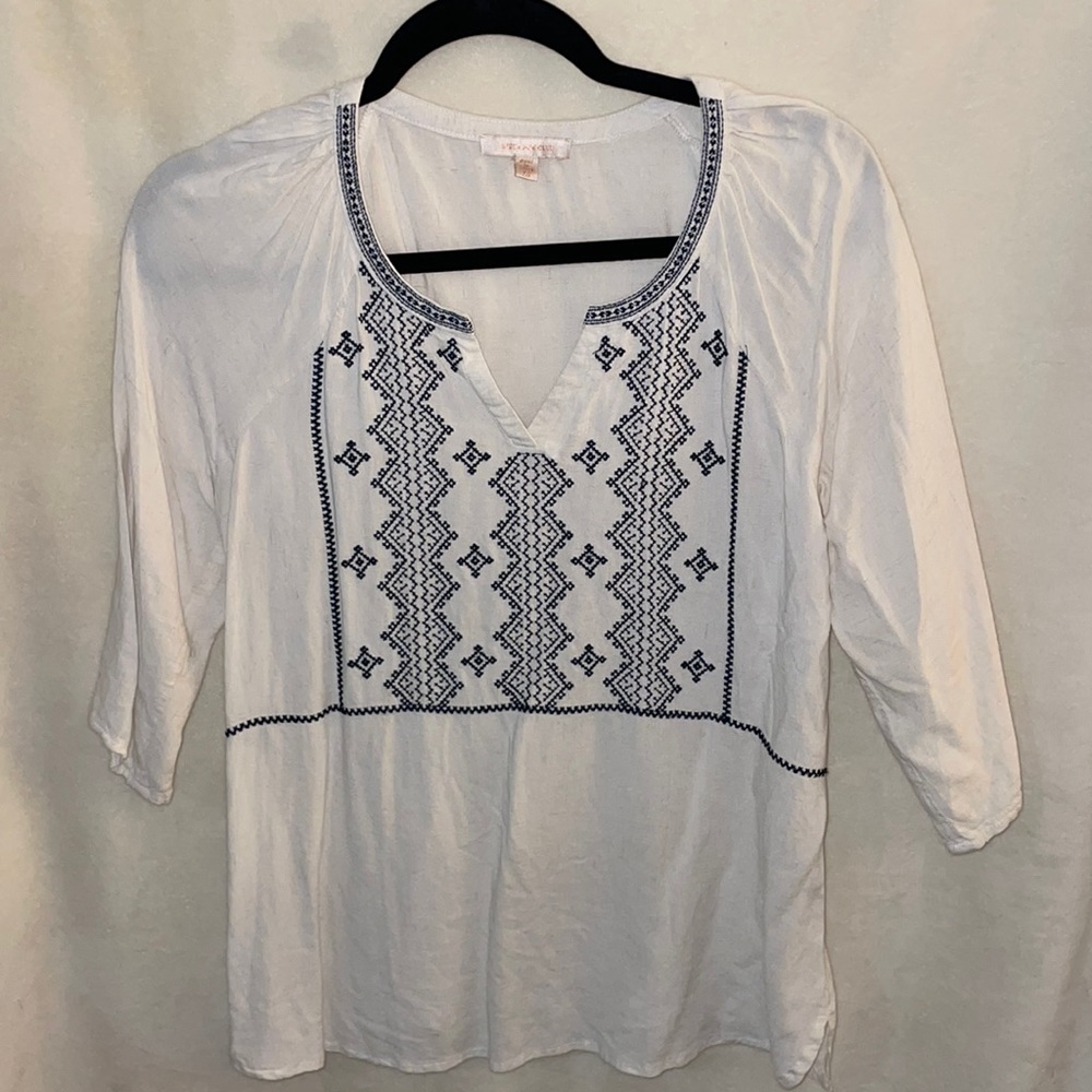 Cream and Navy Embroidered Quarter Sleeve Shirt